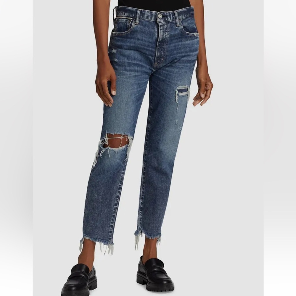 Moussy Distressed Straight Leg Jeans in Medium Blue